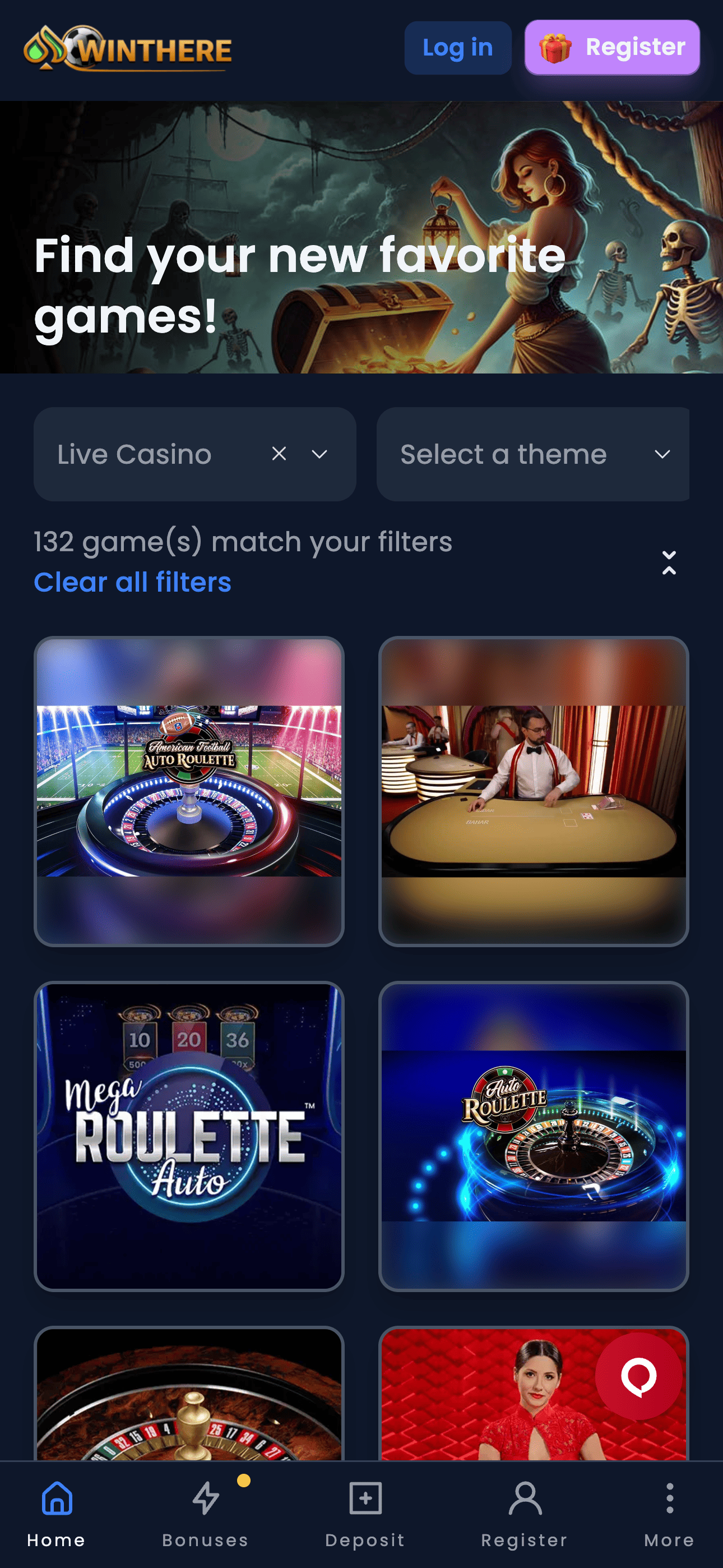 Winthere live casino page